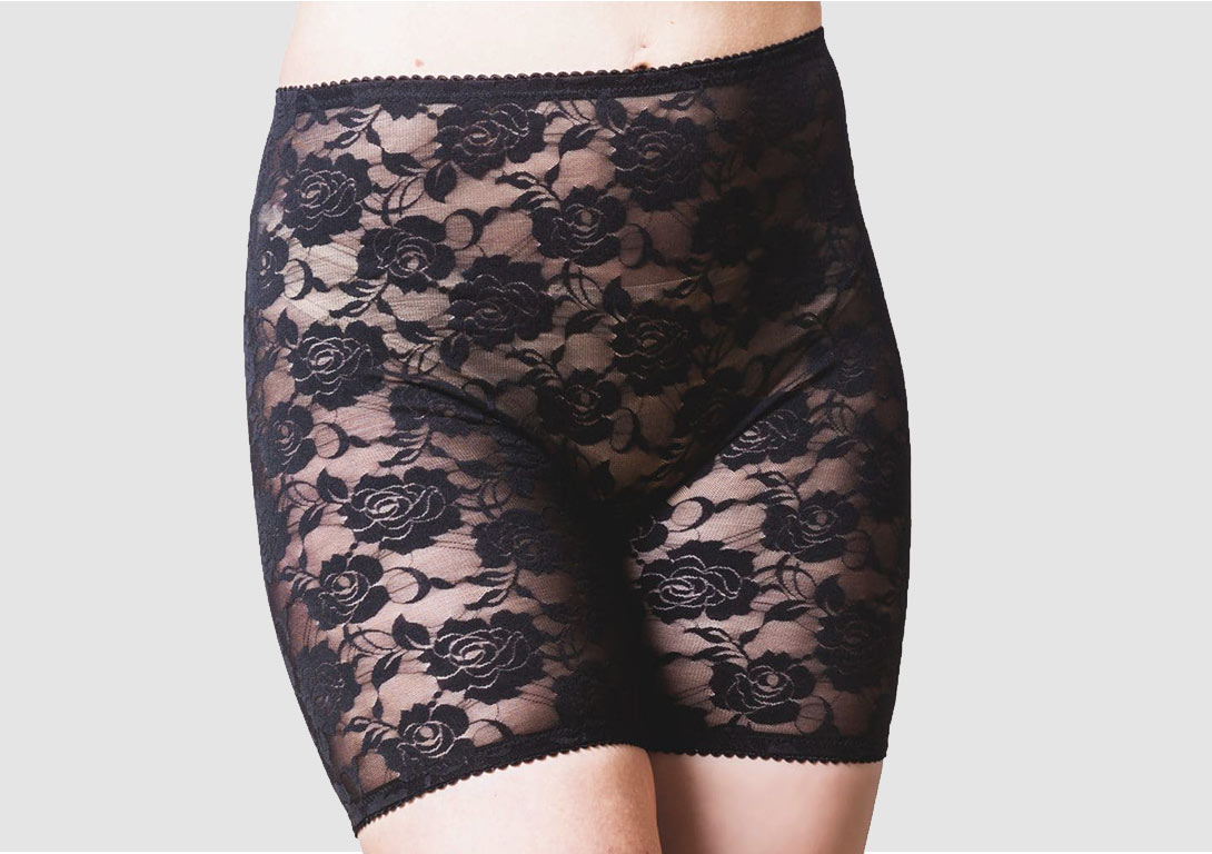 Image of a woman’s lower body, wearing black lace shorts