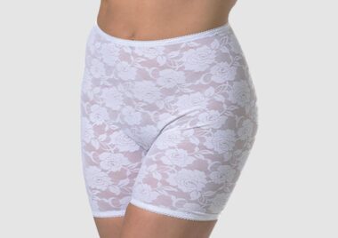 Image of a woman’s lower body, wearing white lace shorts