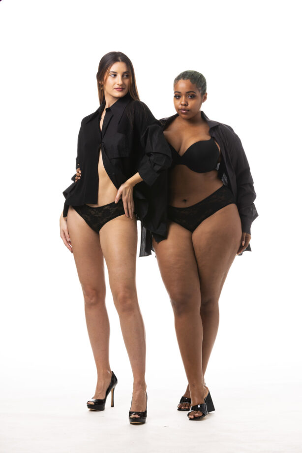 two women with dark inner thighs